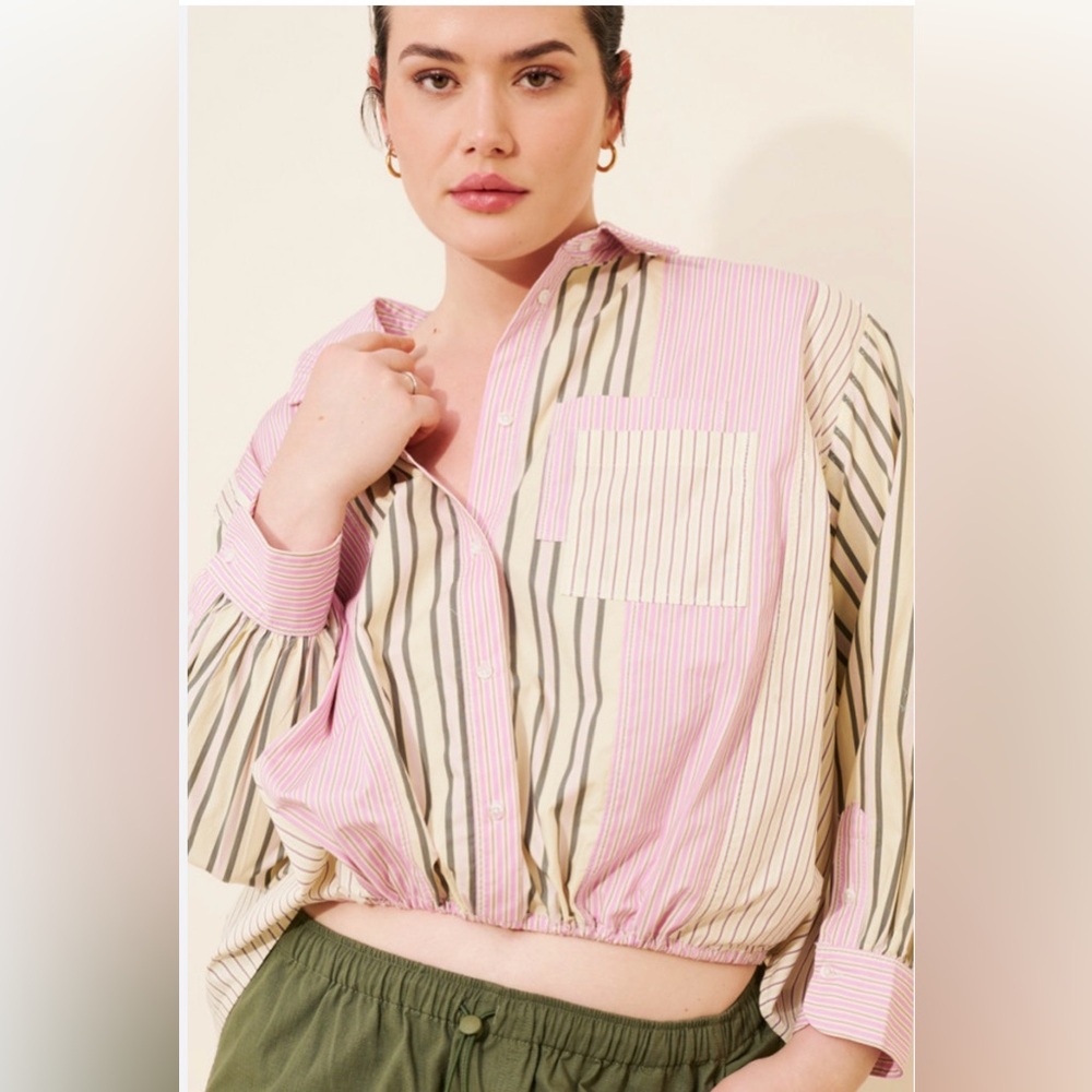 Z43. New Anthropologie Drawstring Buttondown Top Striped oversized